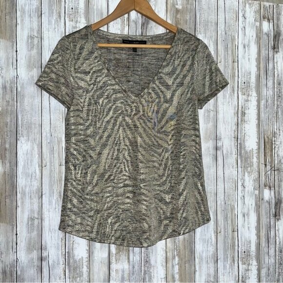 White House Black Market Metallic Sheer Zebra Print V-Neck Tee - Picture 1 of 5
